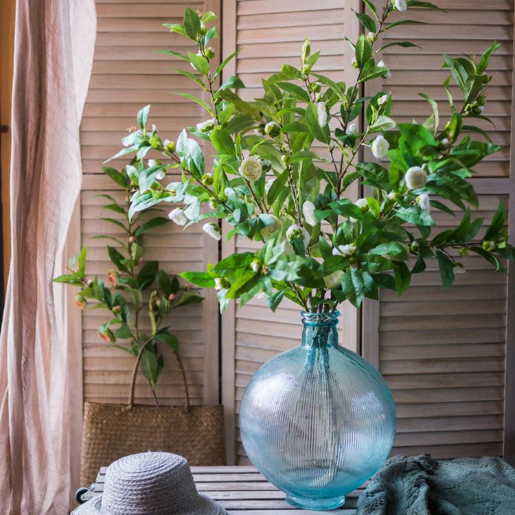 Faux Silk Camellia Flower Leaf Stem in Green or White