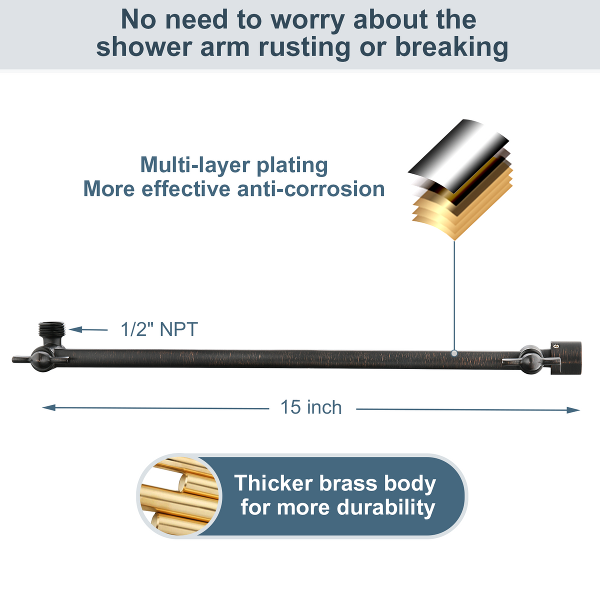 15 Inch Solid Brass Shower Head Extension Arm, Height & Angle Adjustable