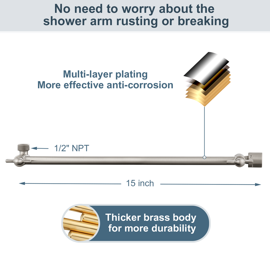 15 Inch Solid Brass Shower Head Extension Arm, Height & Angle Adjustable