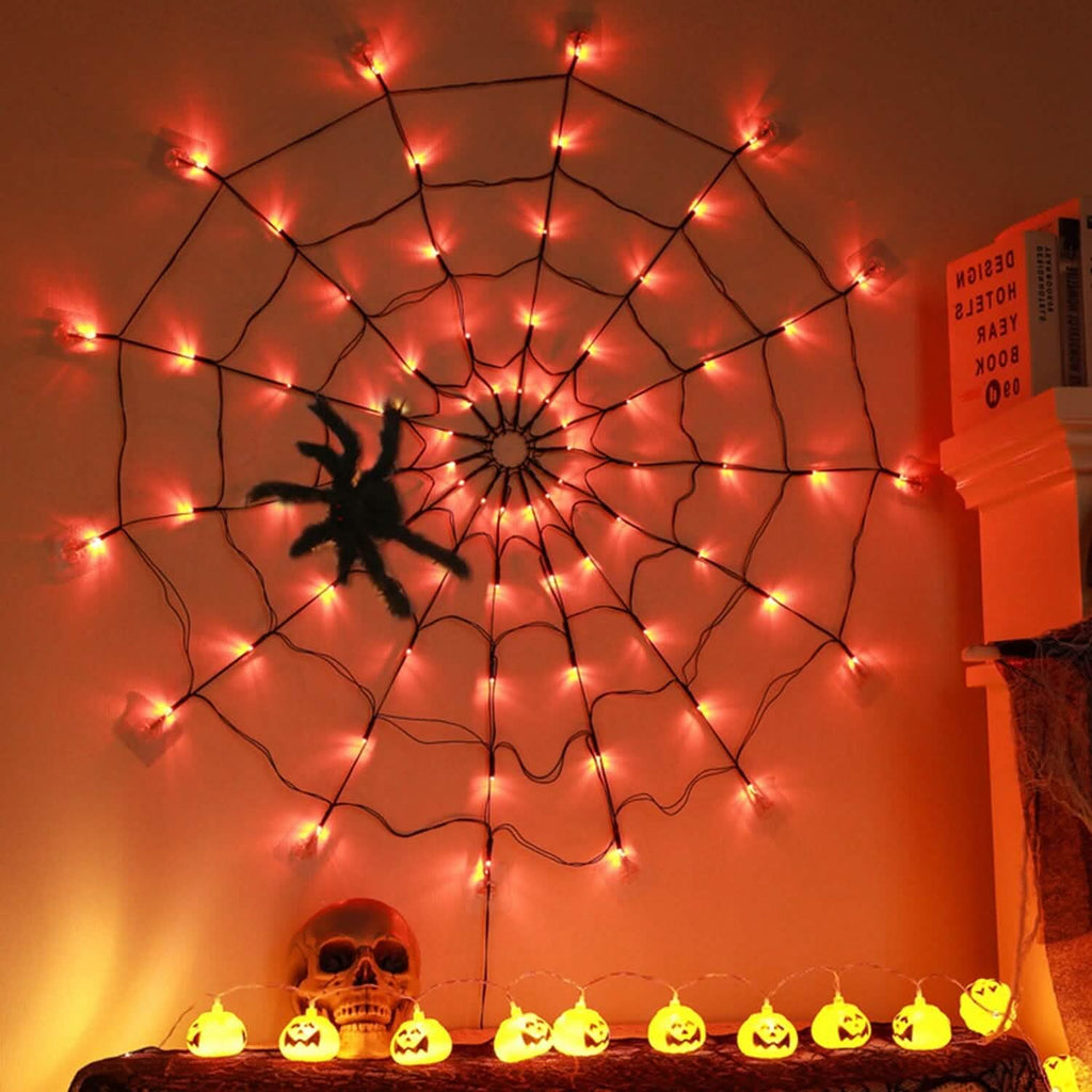 Spider Web Light with Hairy Spider 70LED Battery Powered Remote Control 8 Lighting Modes