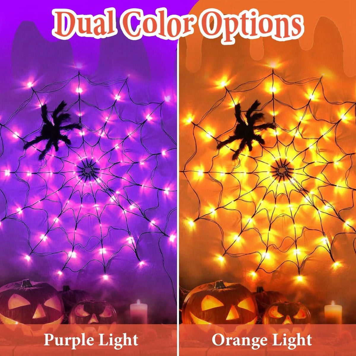 Spider Web Light with Hairy Spider 70LED Battery Powered Remote Control 8 Lighting Modes