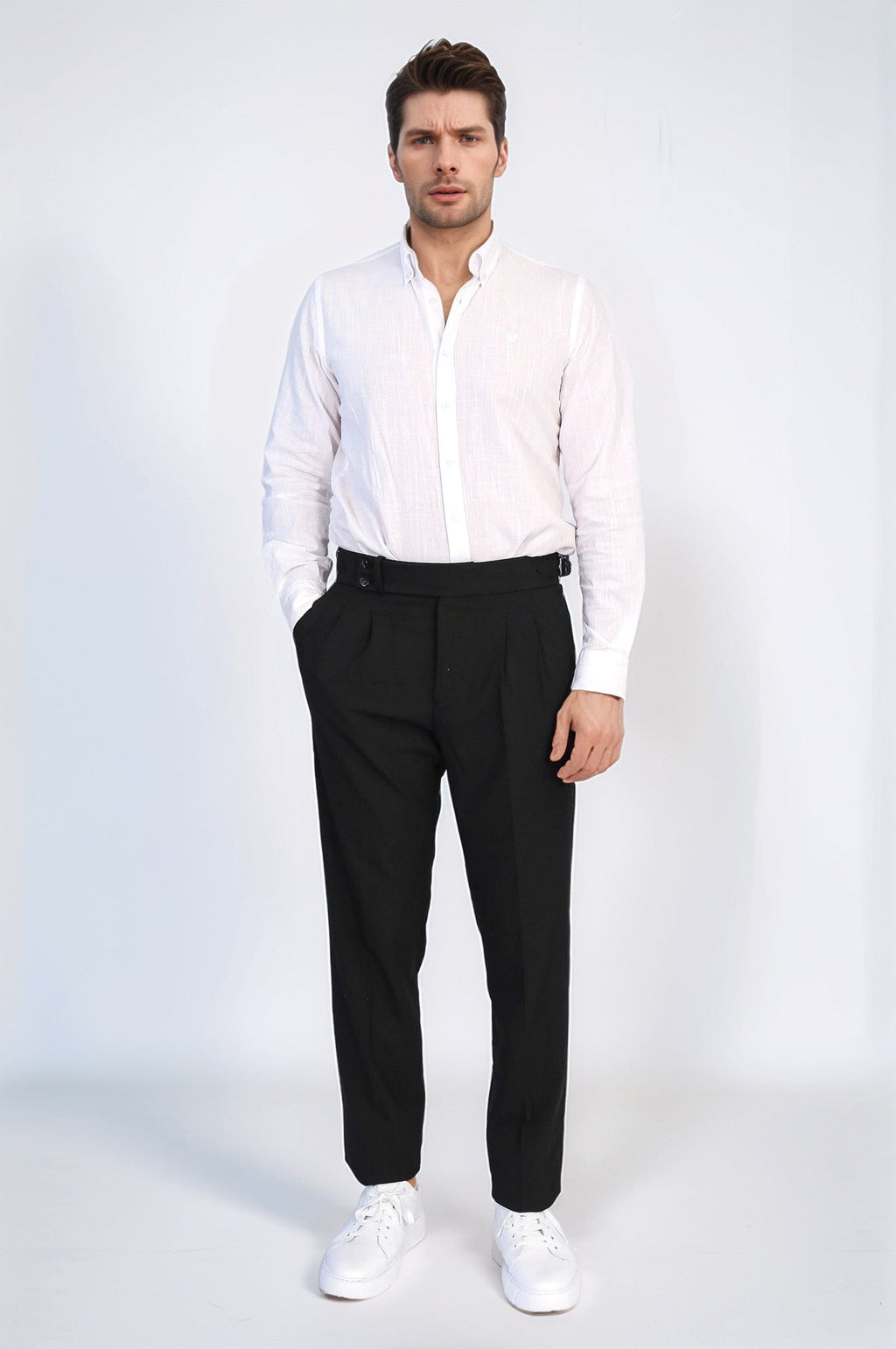 Black Double-Pleated High-Waisted Slim Fit Trousers with Side Buckles – Wessi