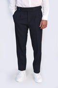 Navy Double-Pleated High-Waisted Slim Fit Trousers with Side Buckles – Wessi
