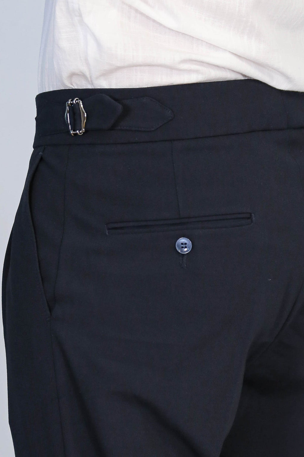 Navy Double-Pleated High-Waisted Slim Fit Trousers with Side Buckles – Wessi