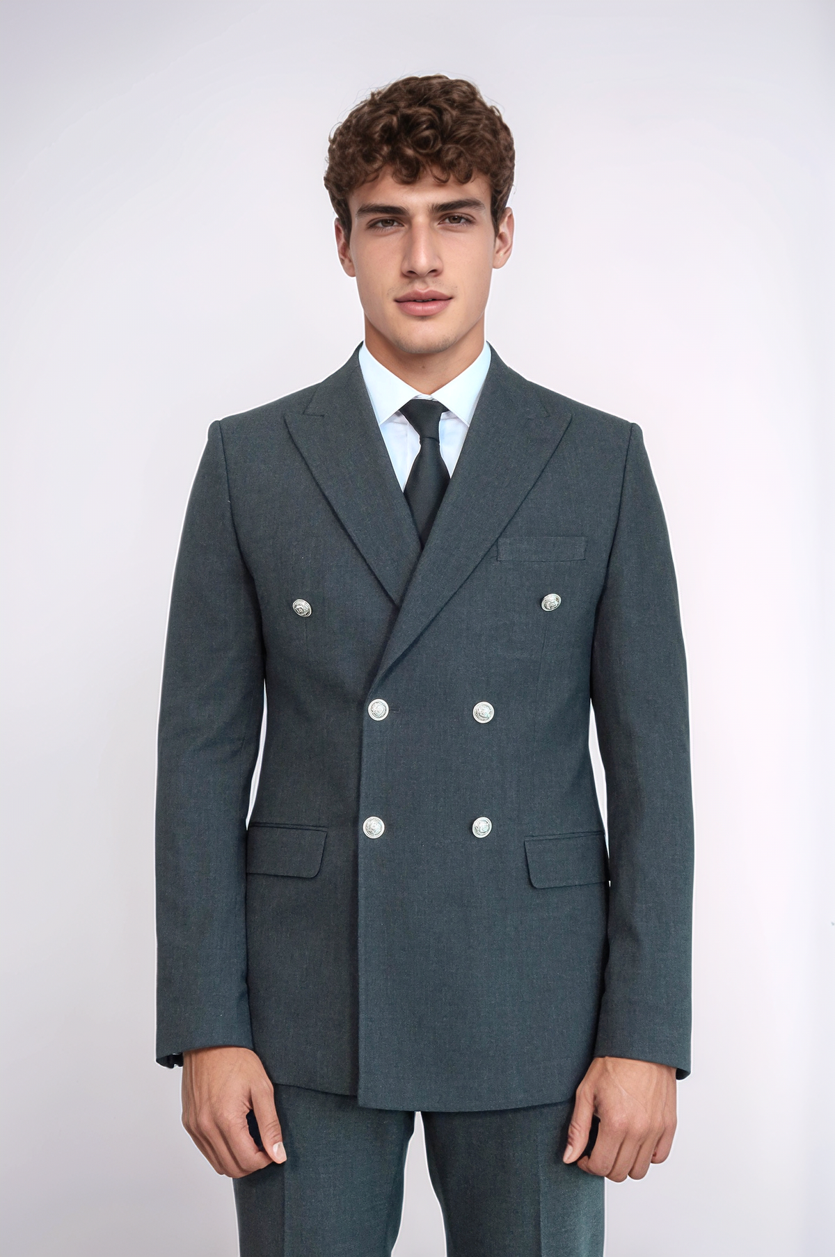 Modern Fit Double-Breasted Dark Grey Men’s Suit with Silver-Tone Metal Buttons – Wessi
