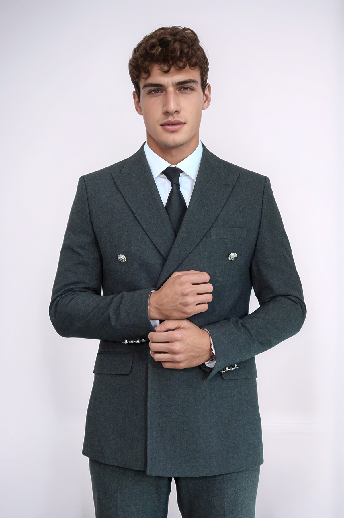 Modern Fit Double-Breasted Dark Grey Men’s Suit with Silver-Tone Metal Buttons – Wessi