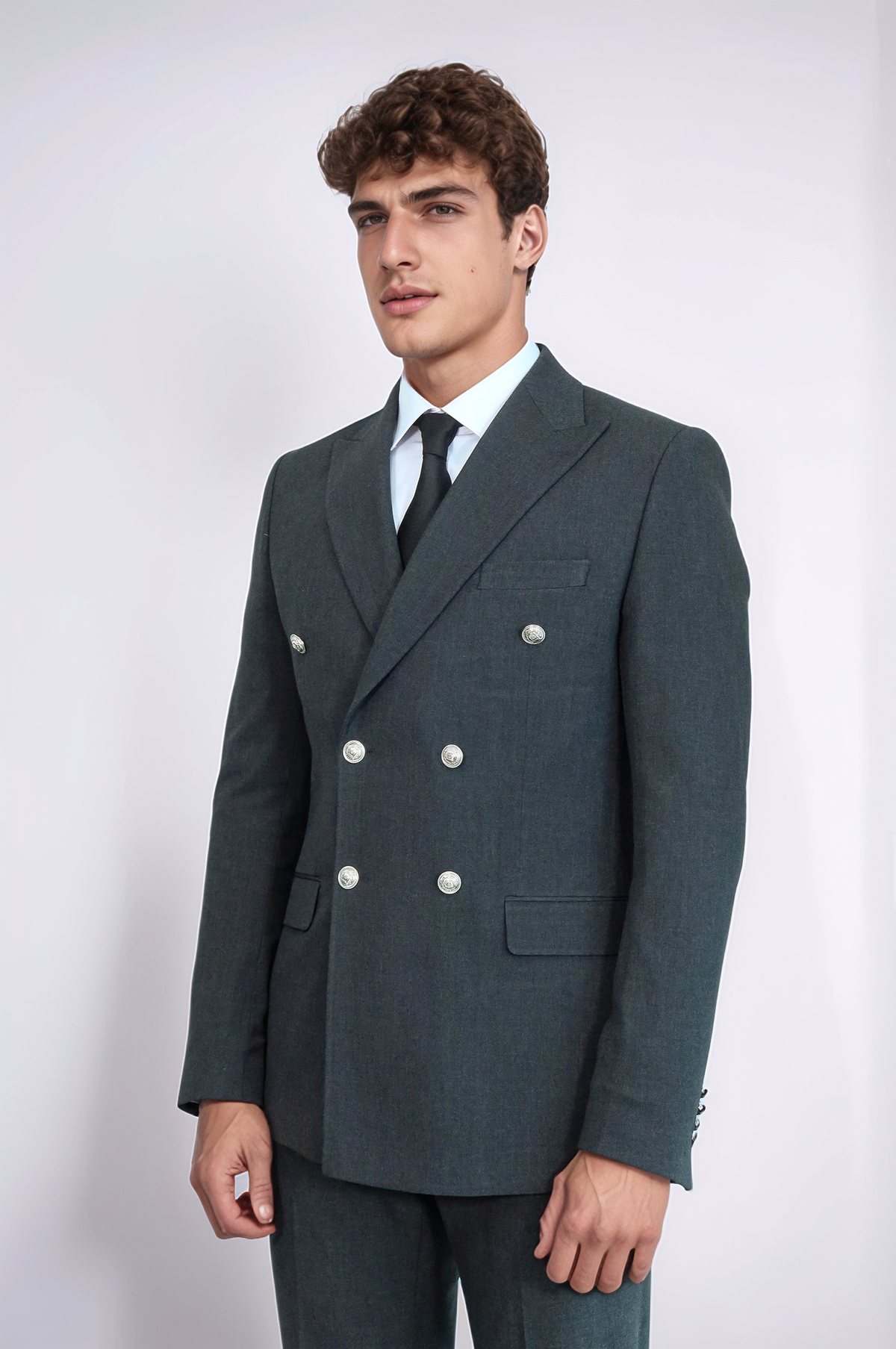 Modern Fit Double-Breasted Dark Grey Men’s Suit with Silver-Tone Metal Buttons – Wessi