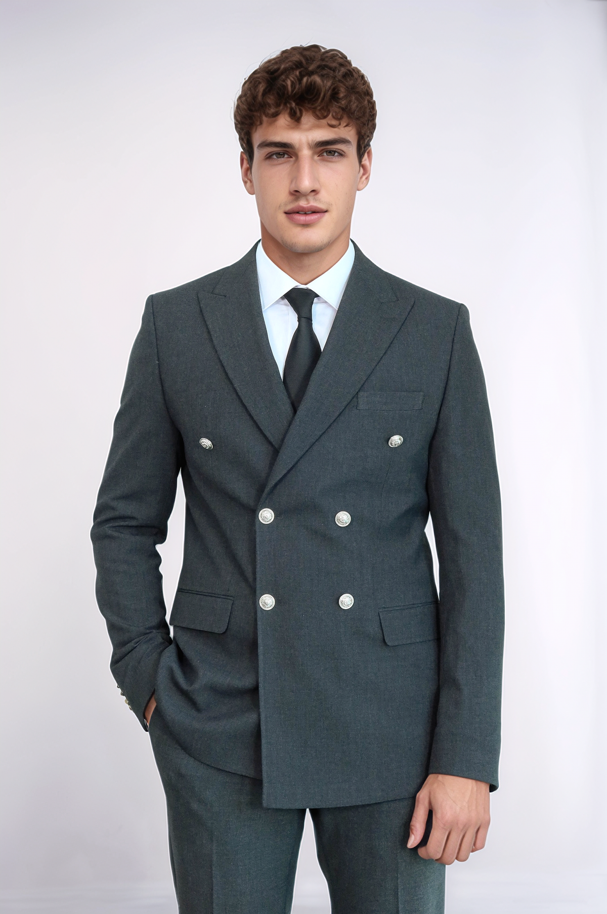 Modern Fit Double-Breasted Dark Grey Men’s Suit with Silver-Tone Metal Buttons – Wessi