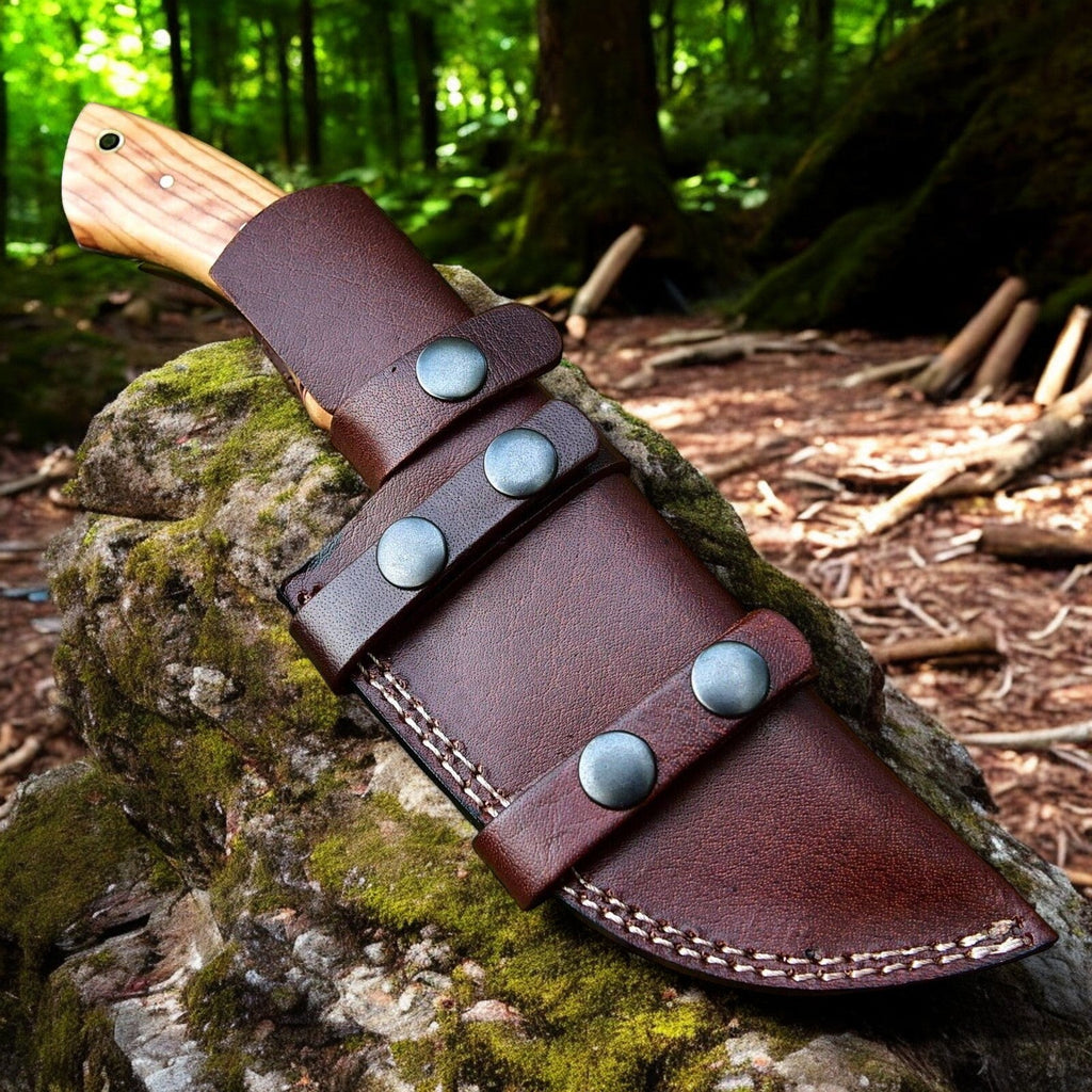 Handmade Tom Brown Tracker Knife with Damascus Steel Blade & Olivewood Handle – 10" Overall Length