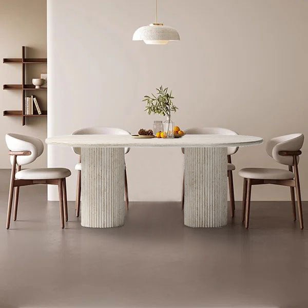 Troia Light Travertine Oval Dining Table with Fluted Round Legs