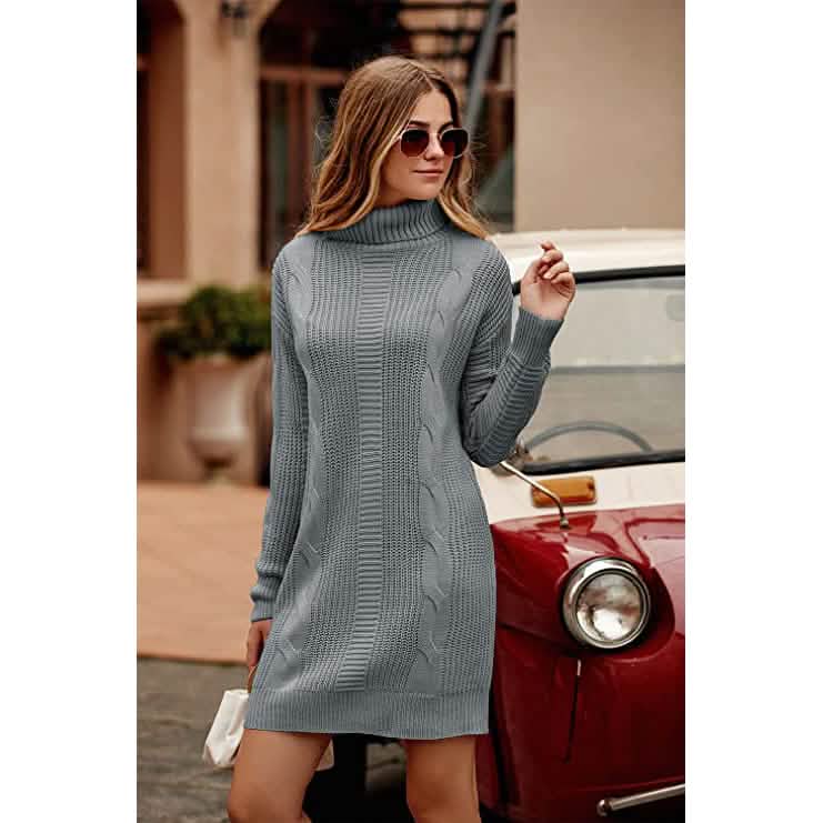 Turtleneck Pullover Sweaters Casual Long Sleeve Plain Winter Knit Sweater Dress