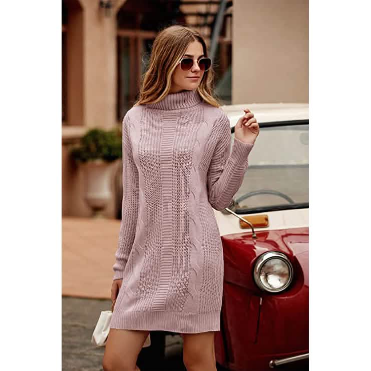 Turtleneck Pullover Sweaters Casual Long Sleeve Plain Winter Knit Sweater Dress