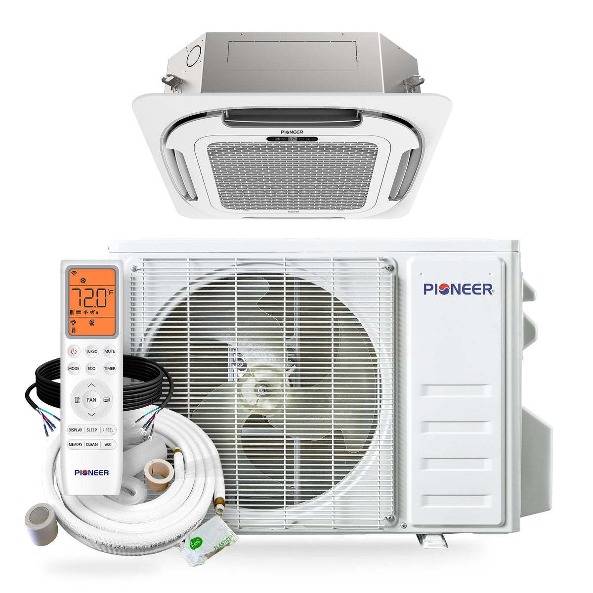 Pioneer® Quantum Ultra™ 12,000 BTU 21 SEER2 230V 8-Way Ceiling Cassette Ductless Mini-Split Air Conditioner Inverter Heat Pump Full Set