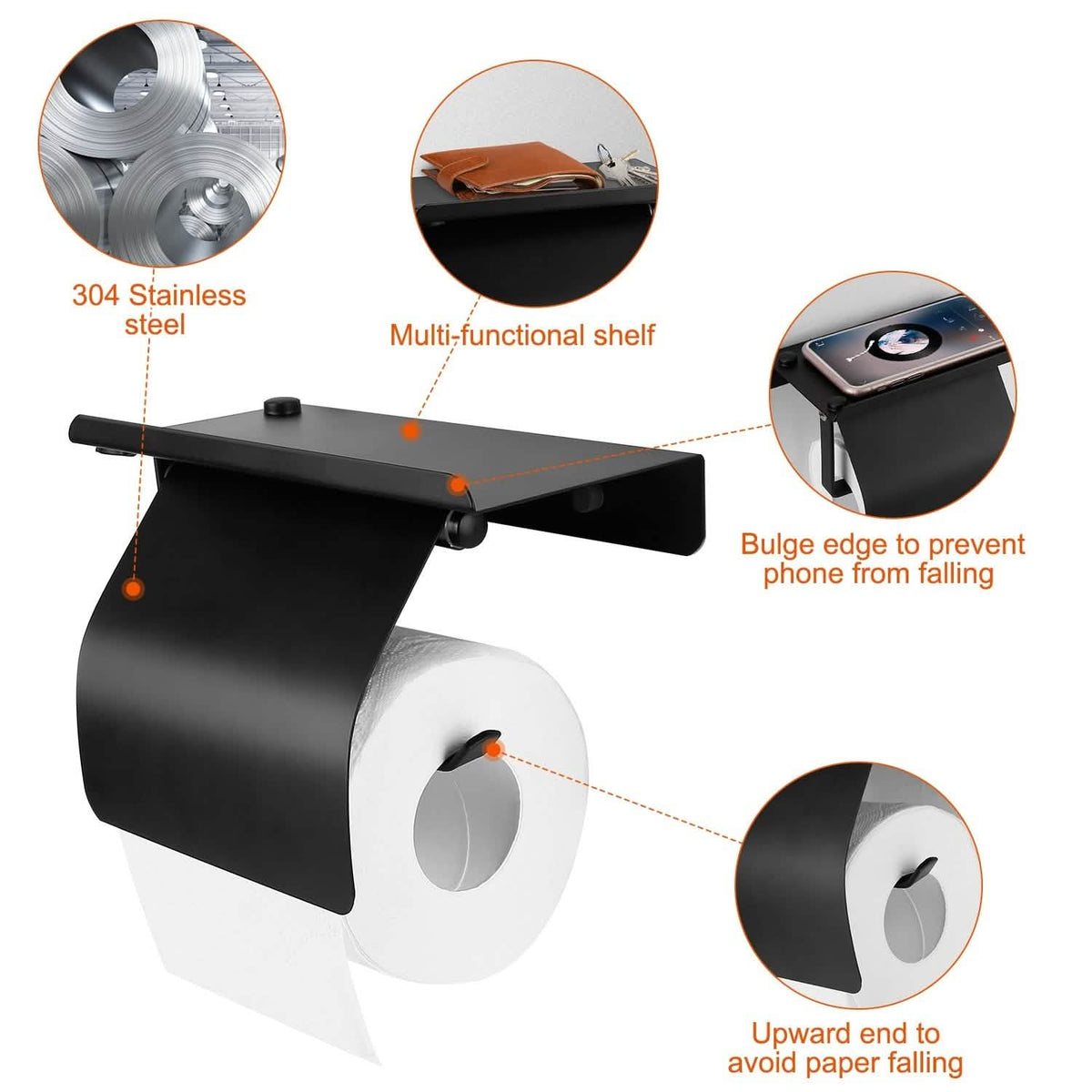 Wall Mounted Toilet Paper Holder with Phone Storage Rack