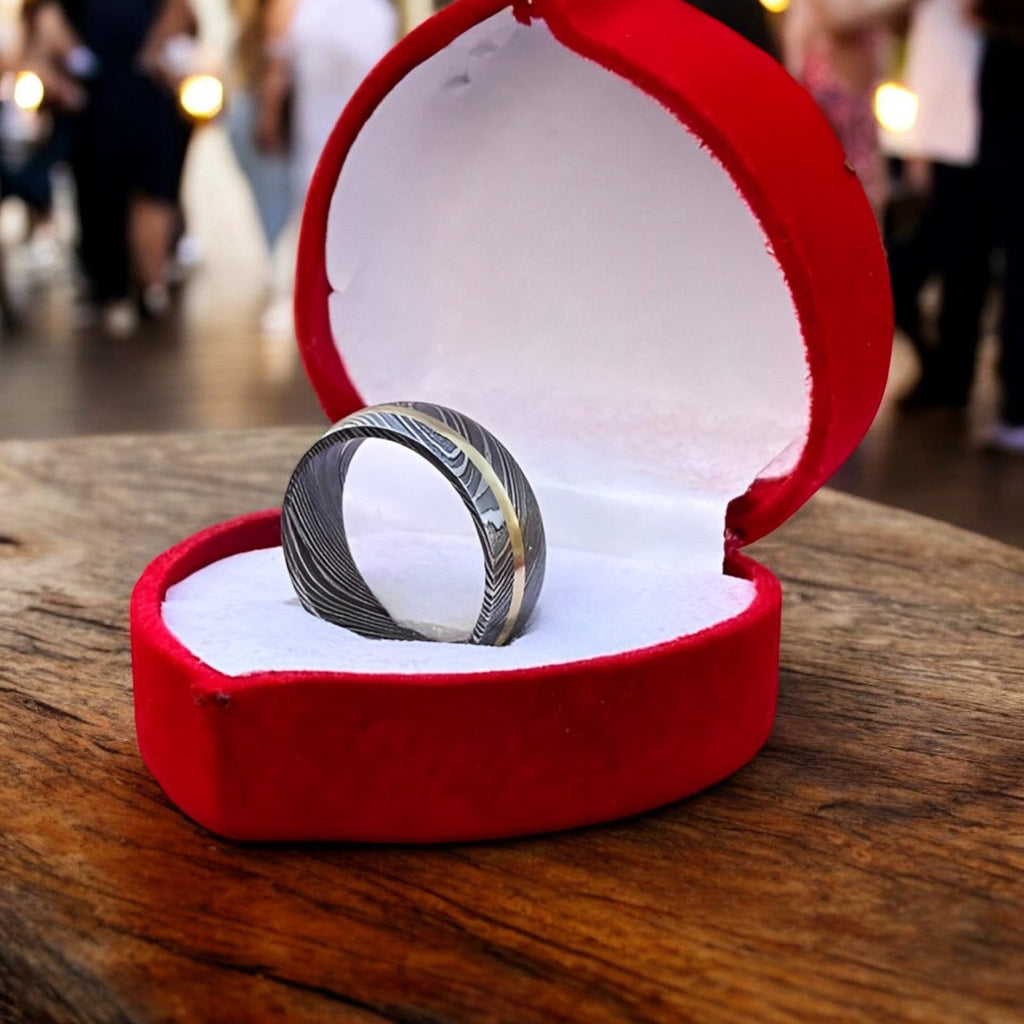 Custom Handmade Damascus Engagement Ring – Brass Inlay