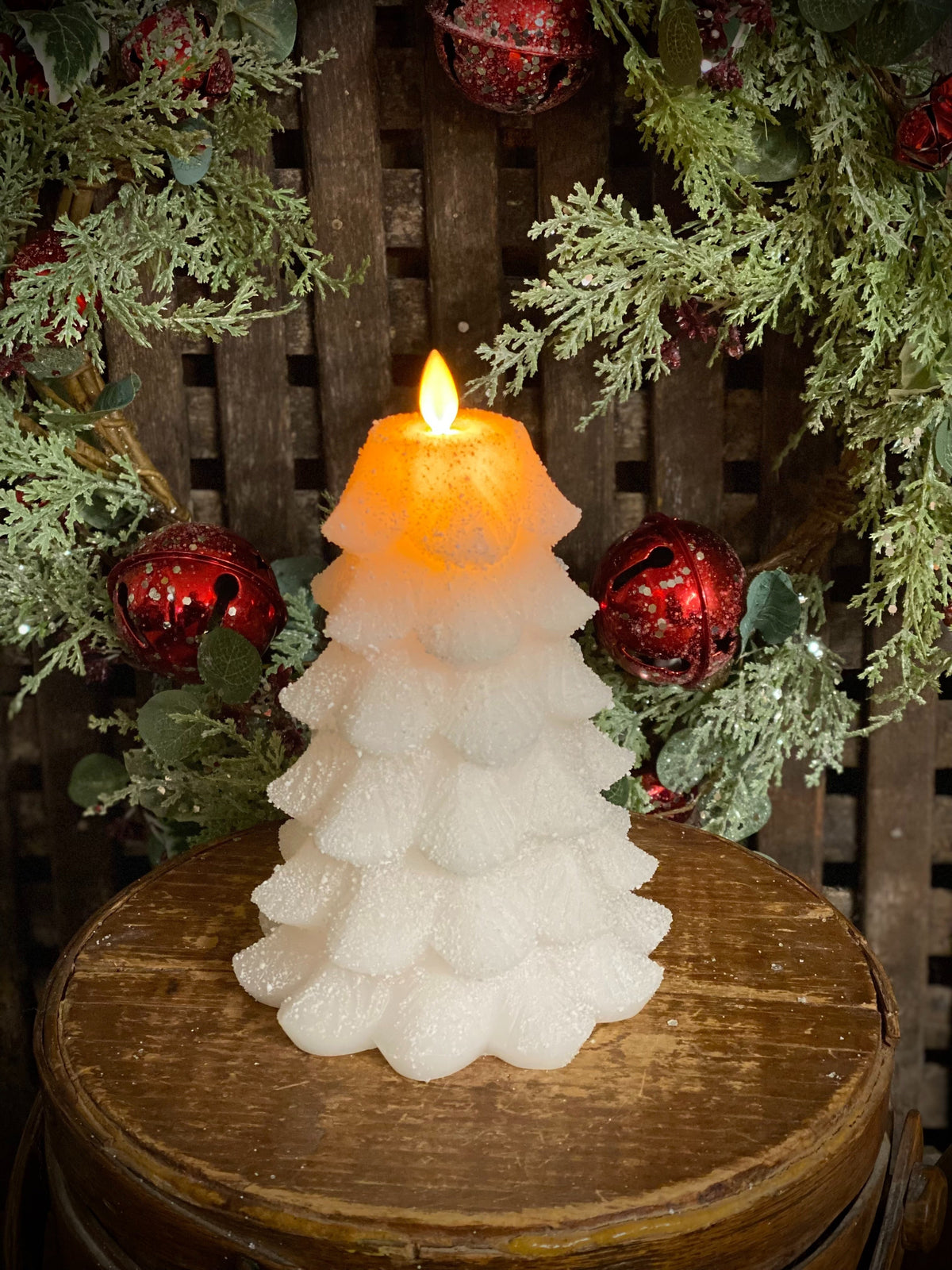White Glitter Christmas Tree LED Moving Flame Candle
