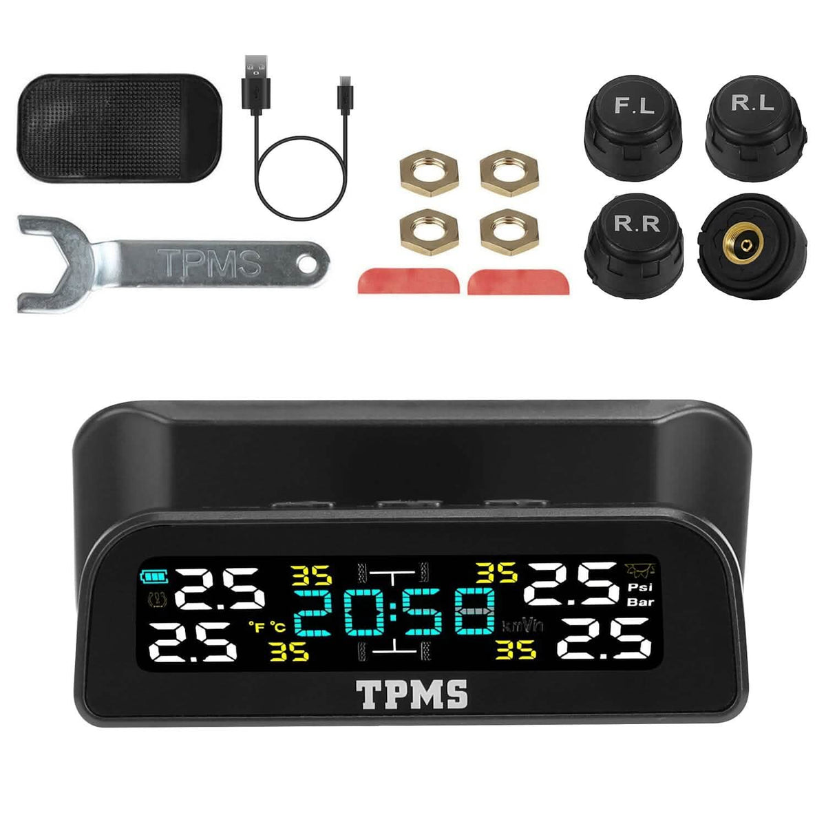 Wireless Solar Car Tire Pressure Monitoring System Auto Tire Pressure with Sensors Temperature Alarm