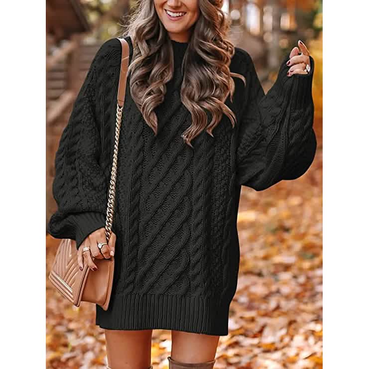 Women Crewneck Long Sleeve Oversized Cable Knit Chunky Pullover Short Sweater Dresses