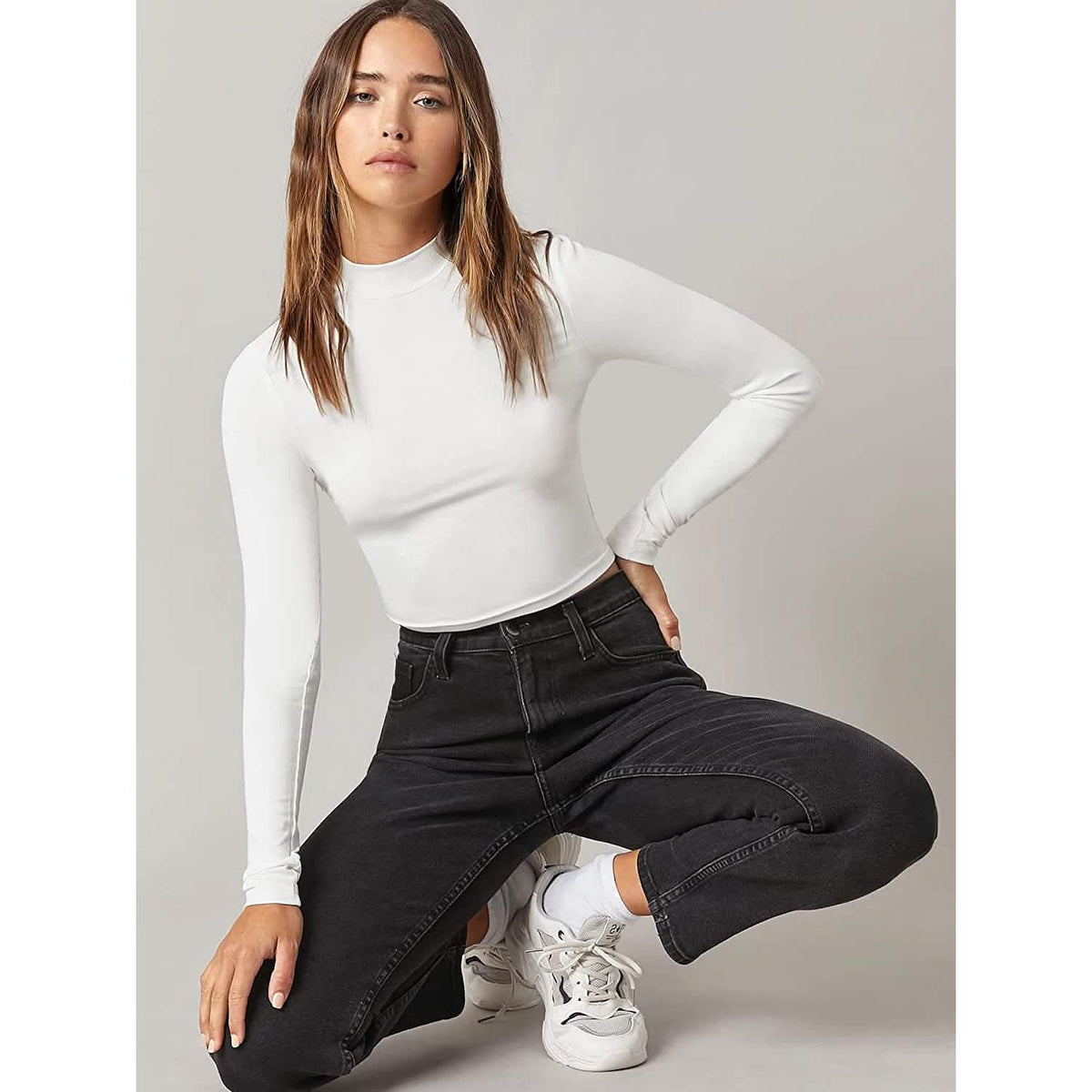 Women's Basic Mock Neck Long Sleeve Top