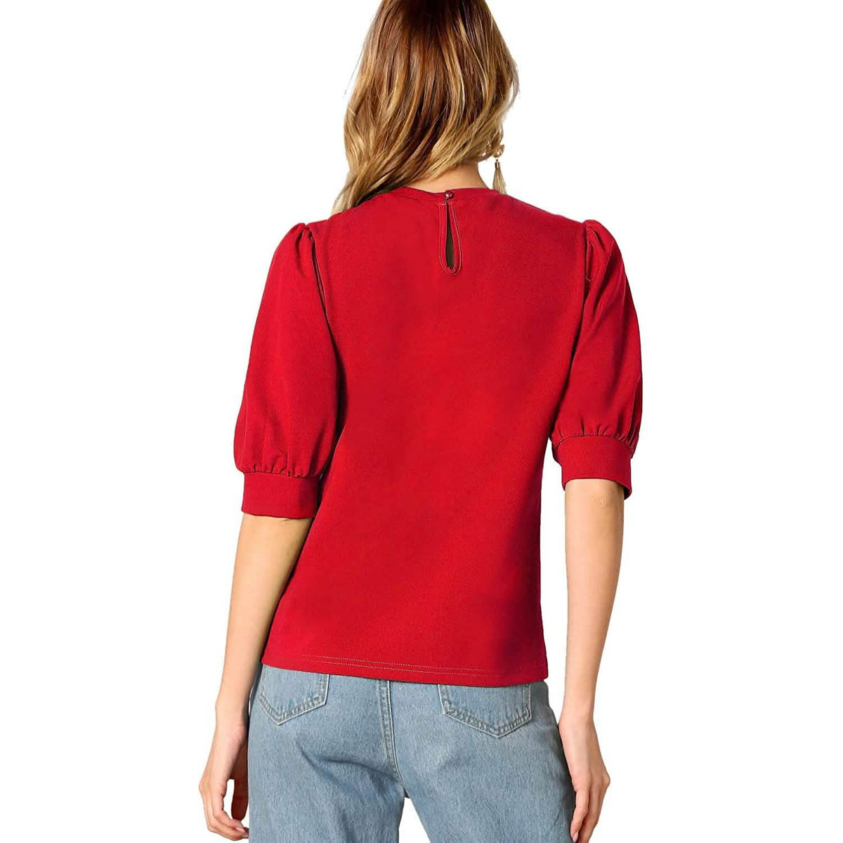 Women's Puff Sleeve Pullover Keyhole Back Blouse