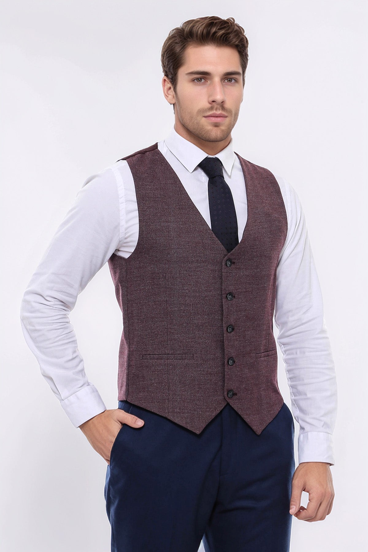 Patterned Dark Brown V Neck Vest - Wessi