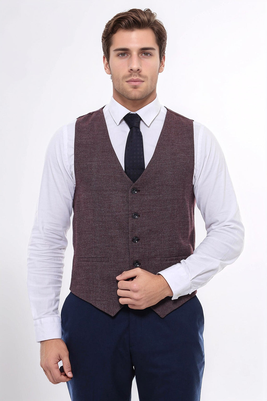 Patterned Dark Brown V Neck Vest - Wessi