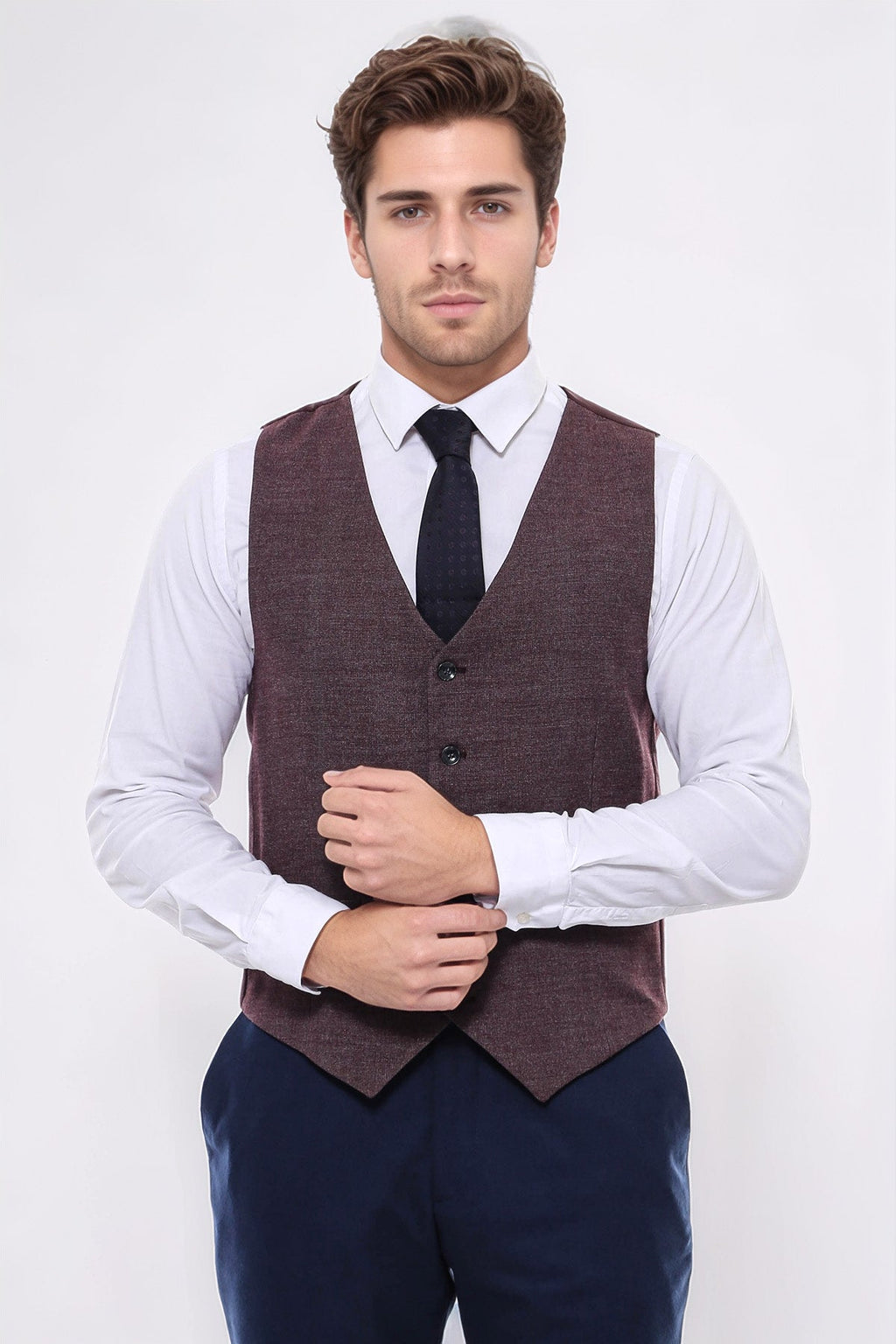 Patterned Dark Brown V Neck Vest - Wessi