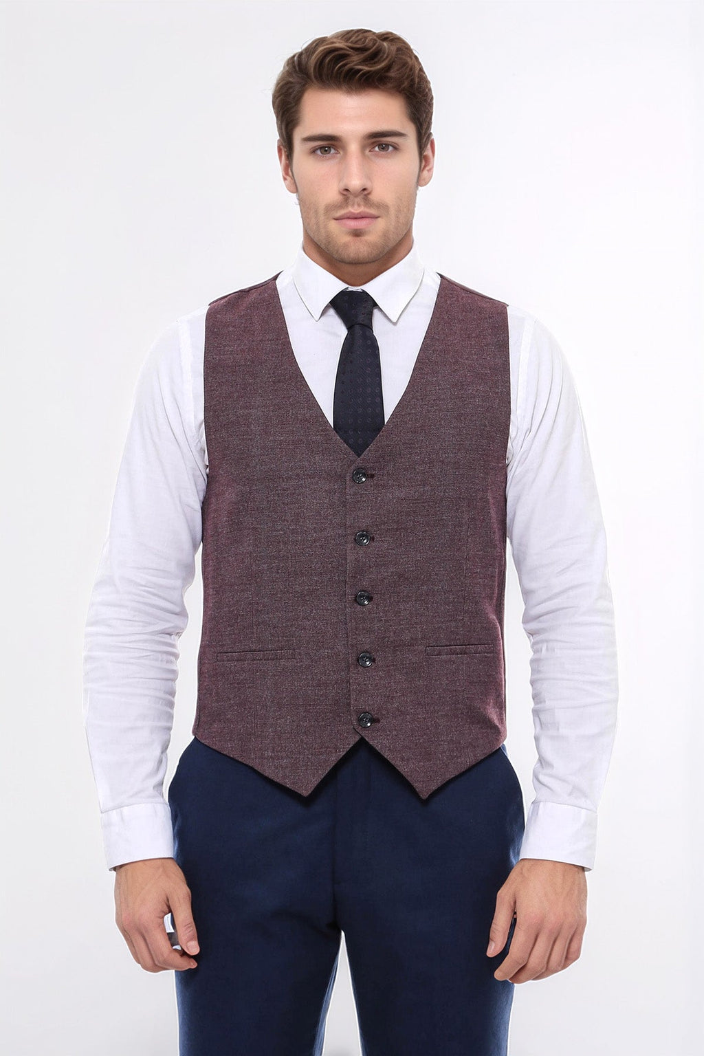Patterned Dark Brown V Neck Vest - Wessi