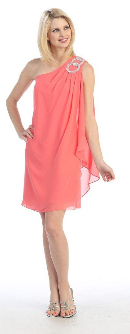 CLEARANCE - Eureka 1902 Layered One Shoulder Short Chiffon Coral Dress (Size M)